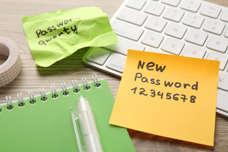 Changing password. Paper notes with new and old passwords, stationery and keyboard on wooden table, closeupの写真素材