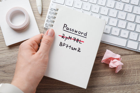 Changing password. Woman holding notebook with old and new passwords at wooden table, top viewの写真素材