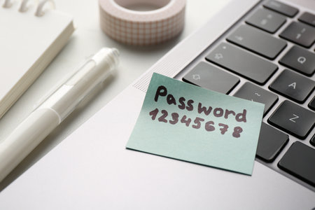 Paper note with password, laptop and stationery on white table, closeupの写真素材