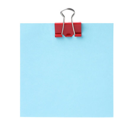 Blank paper note with clip isolated on whiteの写真素材