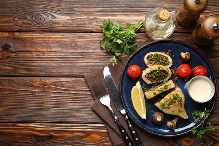 Pieces of tasty grilled squid stuffed with mushrooms, parsley, tomatoes and sauce served on wooden table, flat lay. Space for textの写真素材