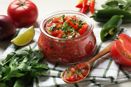 Tasty salsa in jar and ingredients on white table, closeupの写真素材