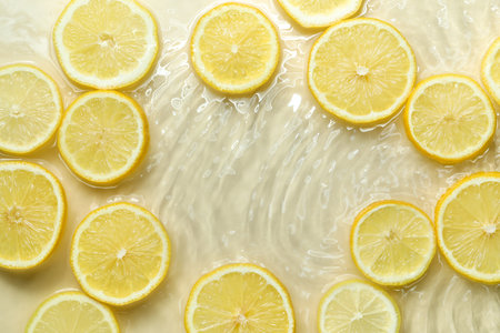 Slices of lemon in water on light background, flat layの写真素材