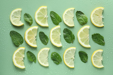 Slices of lemon, mint and water drops on light green background, flat layの写真素材
