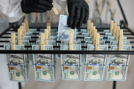 Woman hanging banknotes on drying rack indoors, closeupの写真素材