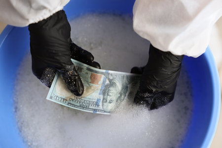 Money laundering. Woman washing dollar banknote in basin indoors, above viewの写真素材