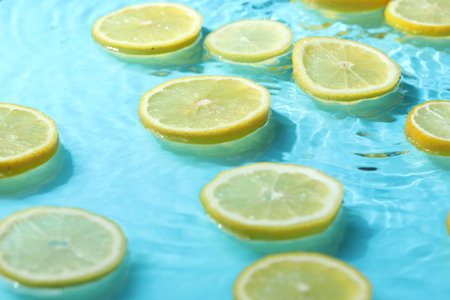 Slices of lemon in water on light blue background, closeup