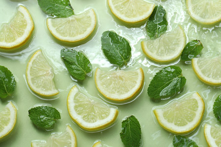 Slices of lemon and mint in water on light green background, flat layの写真素材