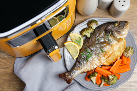 Cooked fish, rosemary, lemon, vegetables and air fryer on wooden table, flat lay