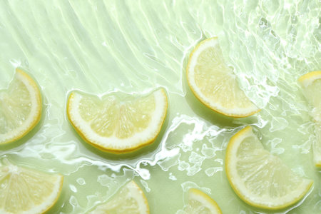 Slices of lemon in water on light green background, flat layの写真素材