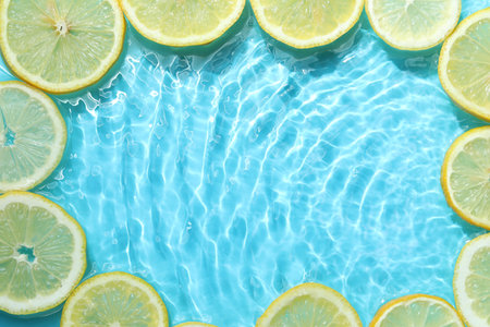 Slices of lemon in water on light blue background, flat lay. Space for textの写真素材
