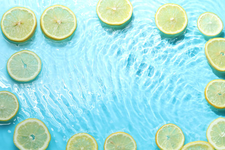 Slices of lemon in water on light blue background, flat lay. Space for text