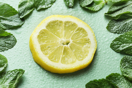 Slice of lemon, mint and water drops on light green background, closeupの写真素材