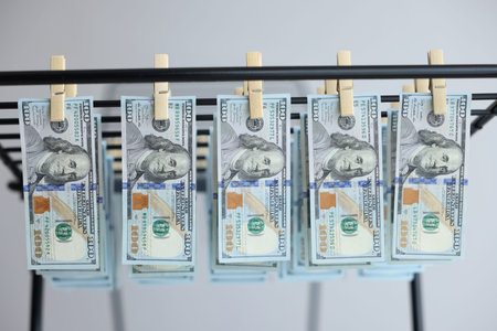 Money laundering. Banknotes hanging on drying rack indoors, closeup