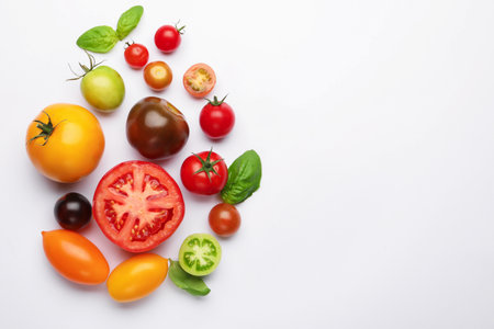 Ripe colorful tomatoes and basil on white background, flat lay. Space for textの写真素材