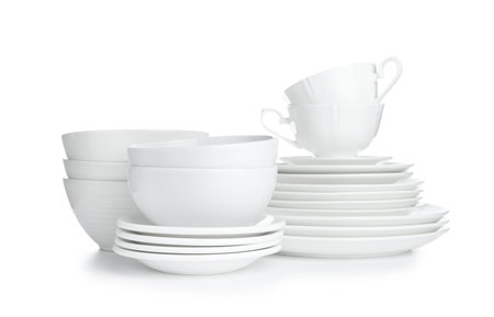 Set of ceramic dishware isolated on whiteの写真素材