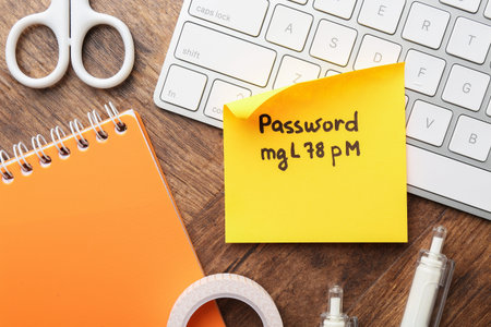 Sticky note with password, keyboard and stationery on wooden desk, flat lay