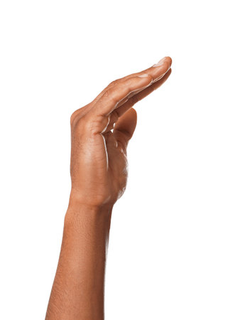 Man gesturing on white background, closeup view