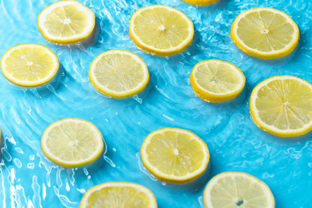 Slices of lemon in water on light blue background, closeupの写真素材