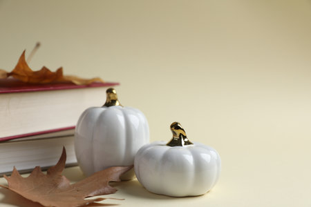 Books, dry leaves and decorative pumpkins on beige background, closeup. Space for textの写真素材