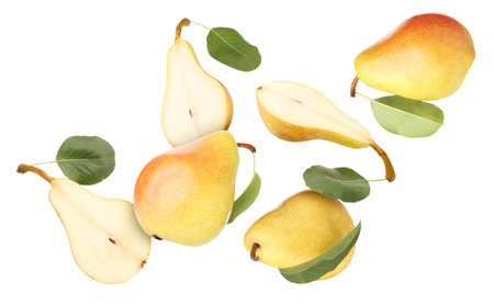 Fresh pears and green leaves falling on white backgroundの写真素材