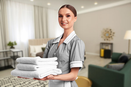 Chambermaid with clean towels in hotel roomの写真素材