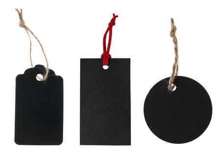Black tags of different shapes isolated on white, set. Top viewの写真素材