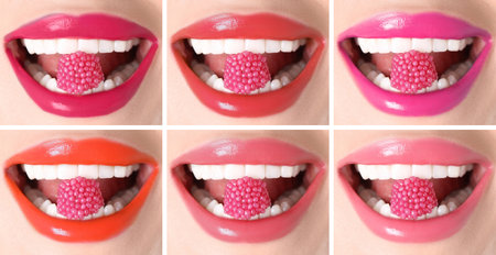 Woman holding candy in mouth, closeup. Female lips with different shades of lipstick, collageの写真素材