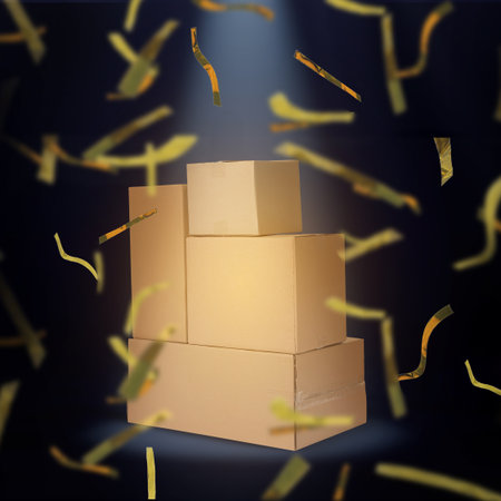 Holiday delivery. Parcel boxes under falling confetti on black backgroundの写真素材