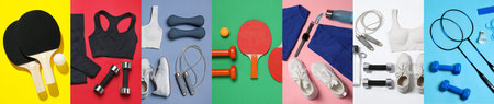 Sports equipment and clothes on colorful background, set. Top viewの写真素材
