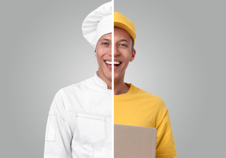 Choice of profession. Combined portrait of young man as chef and as delivery worker. Collage on gray backgroundの写真素材