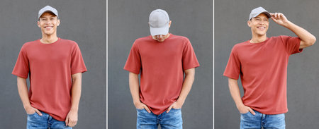 Young handsome man in t-shirt and cap against gray background, collageの写真素材