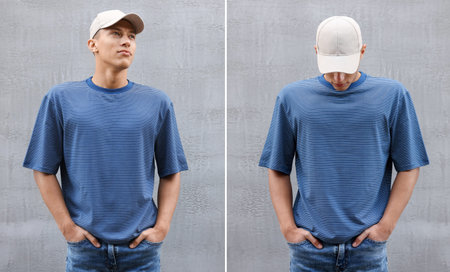 Young man in t-shirt and cap against gray background, collageの写真素材