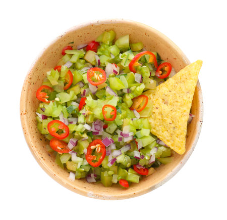 Tasty salsa in bowl and nacho isolated on whiteの写真素材