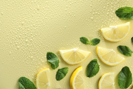 Slices of lemon, mint and water drops on yellow background, flat lay. Space for text