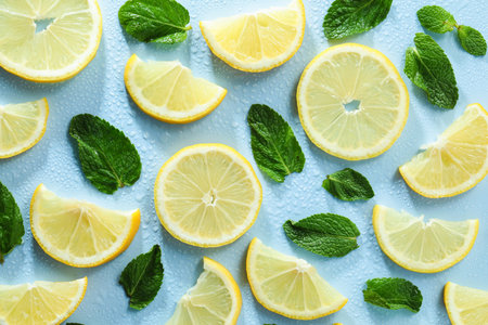 Slices of lemon, mint and water drops on light blue background, flat lay