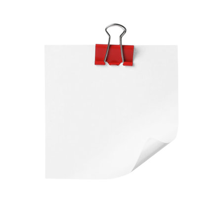 Blank paper note with binder clip isolated on white