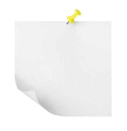 Blank paper note with pin isolated on whiteの写真素材