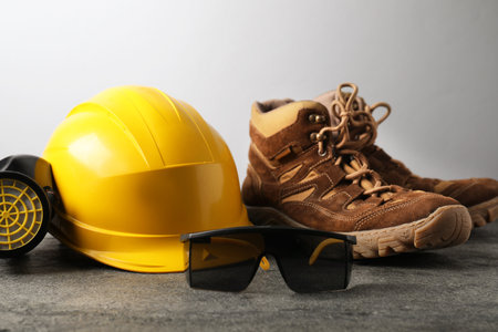 Different safety equipment on gray table, closeupの写真素材