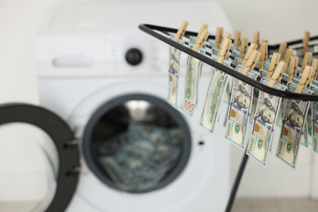Money laundering. Banknotes hanging on drying rack and washing machine indoors, closeup. Space for textの写真素材