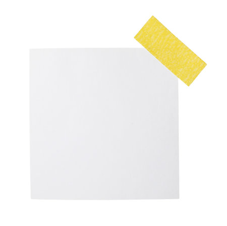 Blank paper note with adhesive tape piece isolated on whiteの写真素材