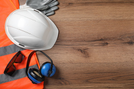 Different safety equipment on wooden table, flat lay. Space for textの写真素材