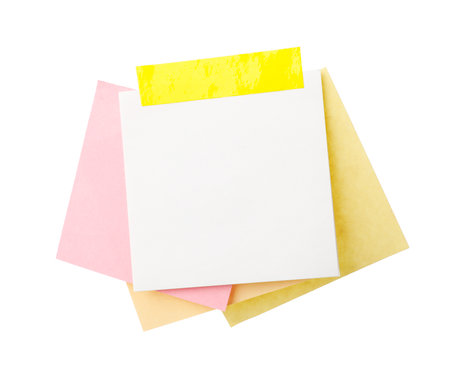 Blank paper notes with adhesive tape isolated on whiteの写真素材