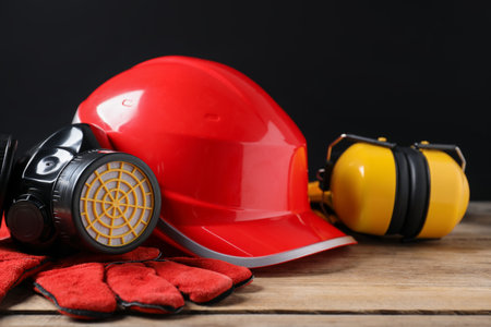 Different safety equipment on wooden table, closeupの写真素材