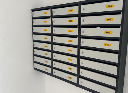 Mailboxes unit on wall in residential building