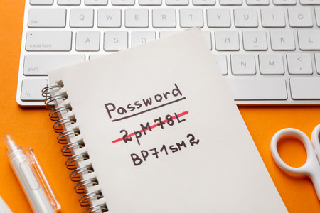 Notebook with old and new passwords, keyboard and stationery on orange background, closeupの写真素材
