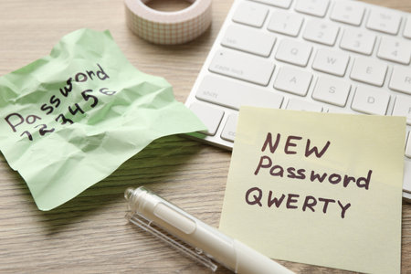 Changing password. Paper notes with new and old passwords, stationery and keyboard on wooden table, closeupの写真素材