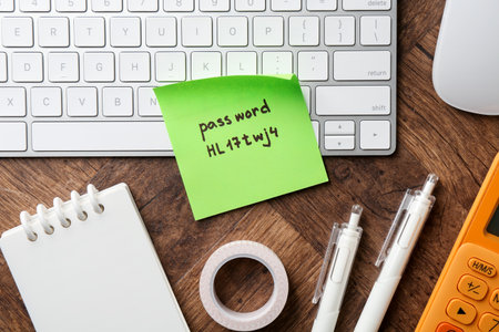 Sticky note with password, keyboard and stationery on wooden desk, flat layの写真素材