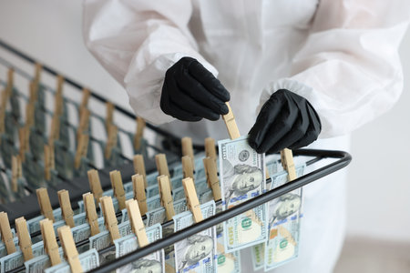 Money laundering. Woman hanging banknotes on drying rack indoors, closeup
