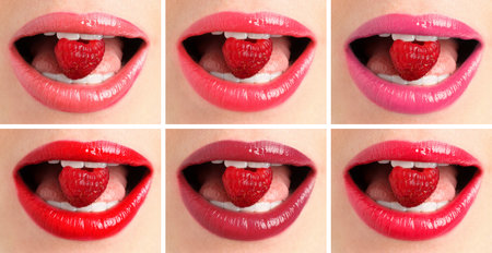 Woman holding raspberry in mouth, closeup. Female lips with different shades of lipstick, collageの写真素材
